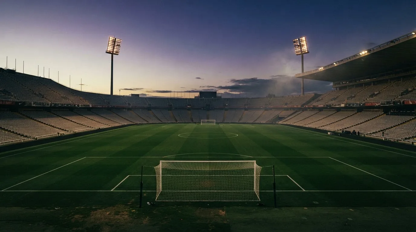 An empty football stadium with floodlight masts at dusk