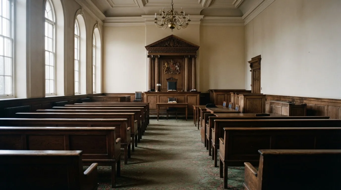 An empty courtroom with wooden benches in morning light