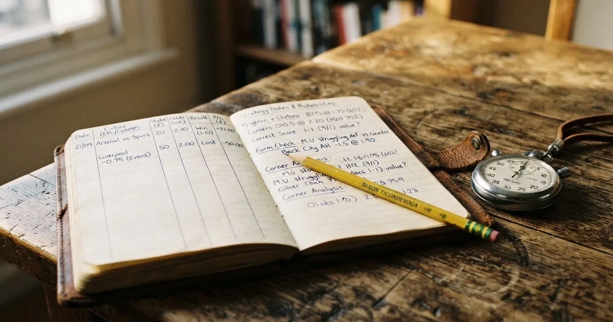 An open notebook with a pencil and a stopwatch on a wooden table