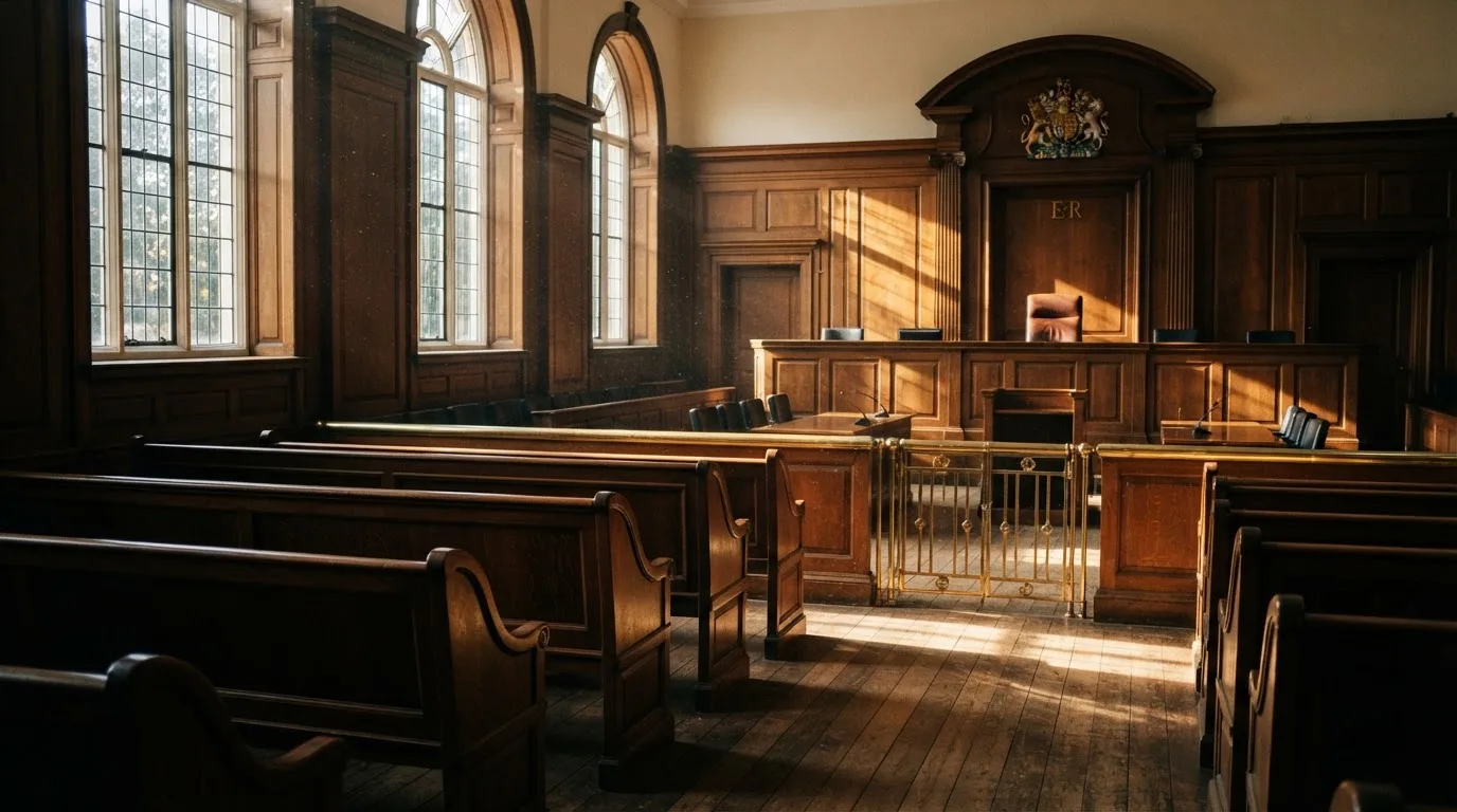 An empty courtroom with wooden benches in morning light