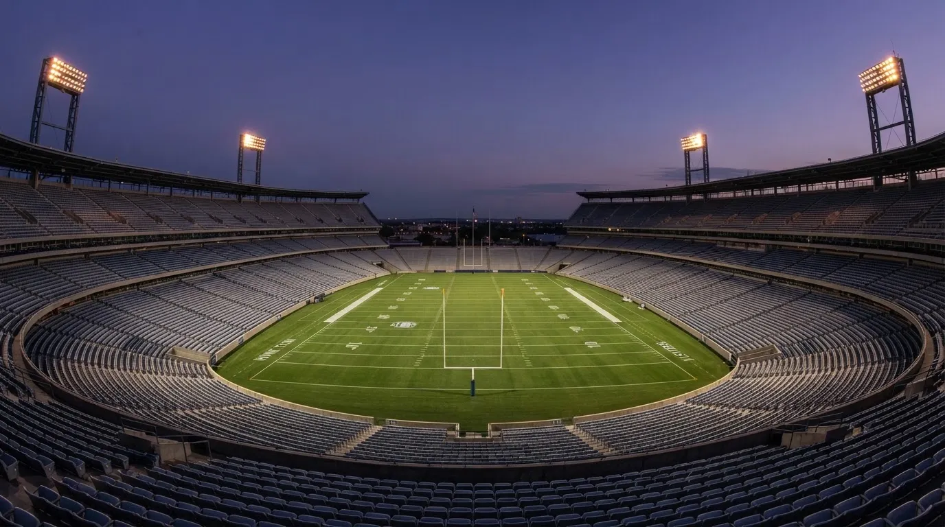 An empty football stadium with floodlight masts at dusk