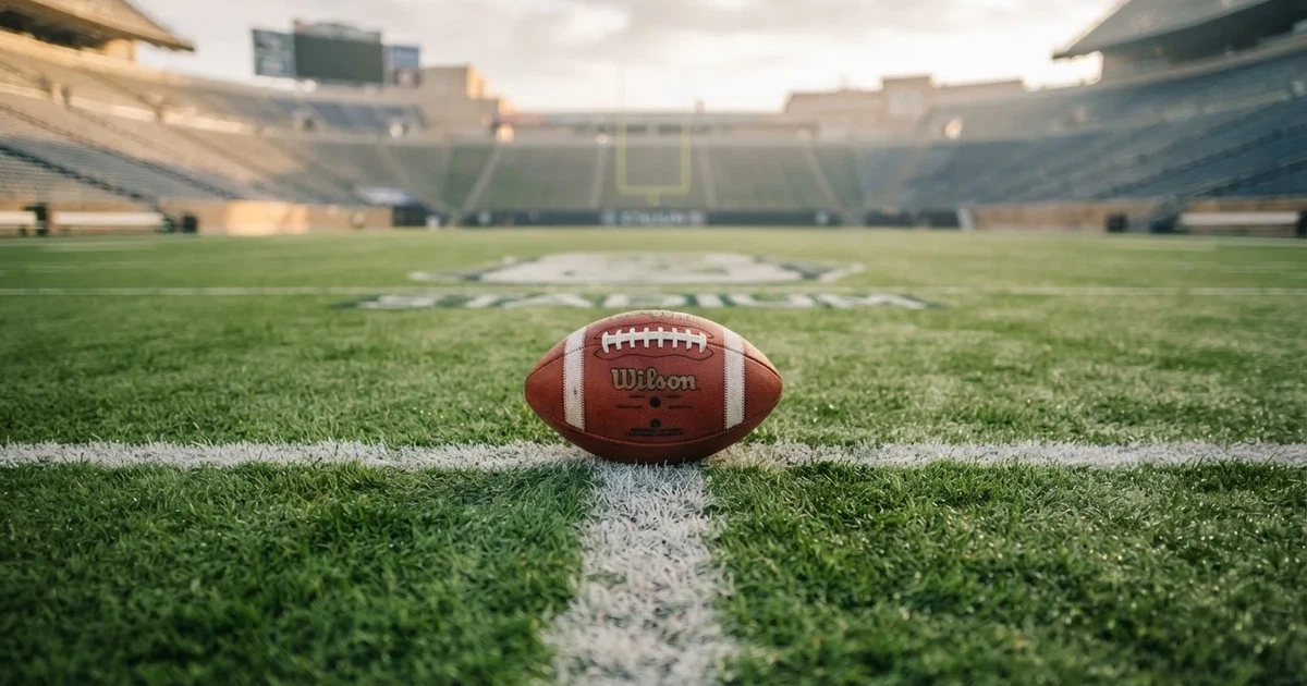 A ball on the centre spot of a grass pitch in morning light