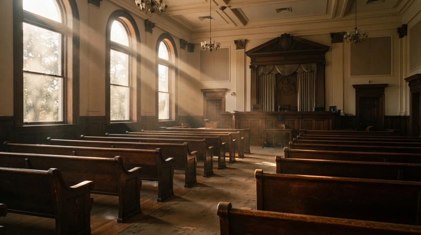 An empty courtroom with wooden benches in morning light