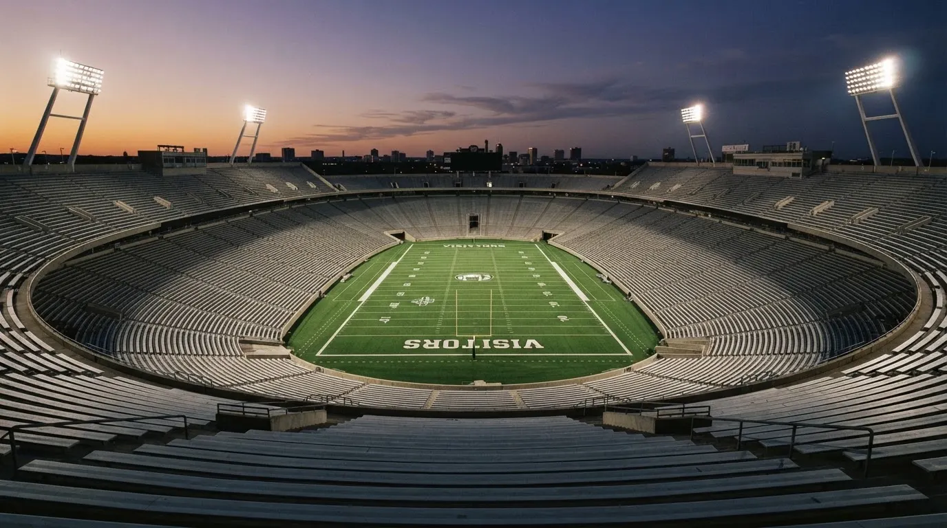 An empty football stadium with floodlight masts at dusk