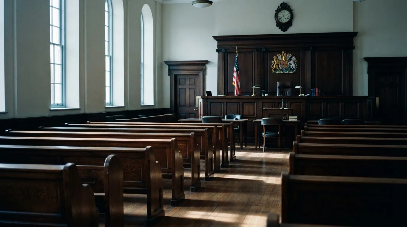 An empty courtroom with wooden benches in morning light