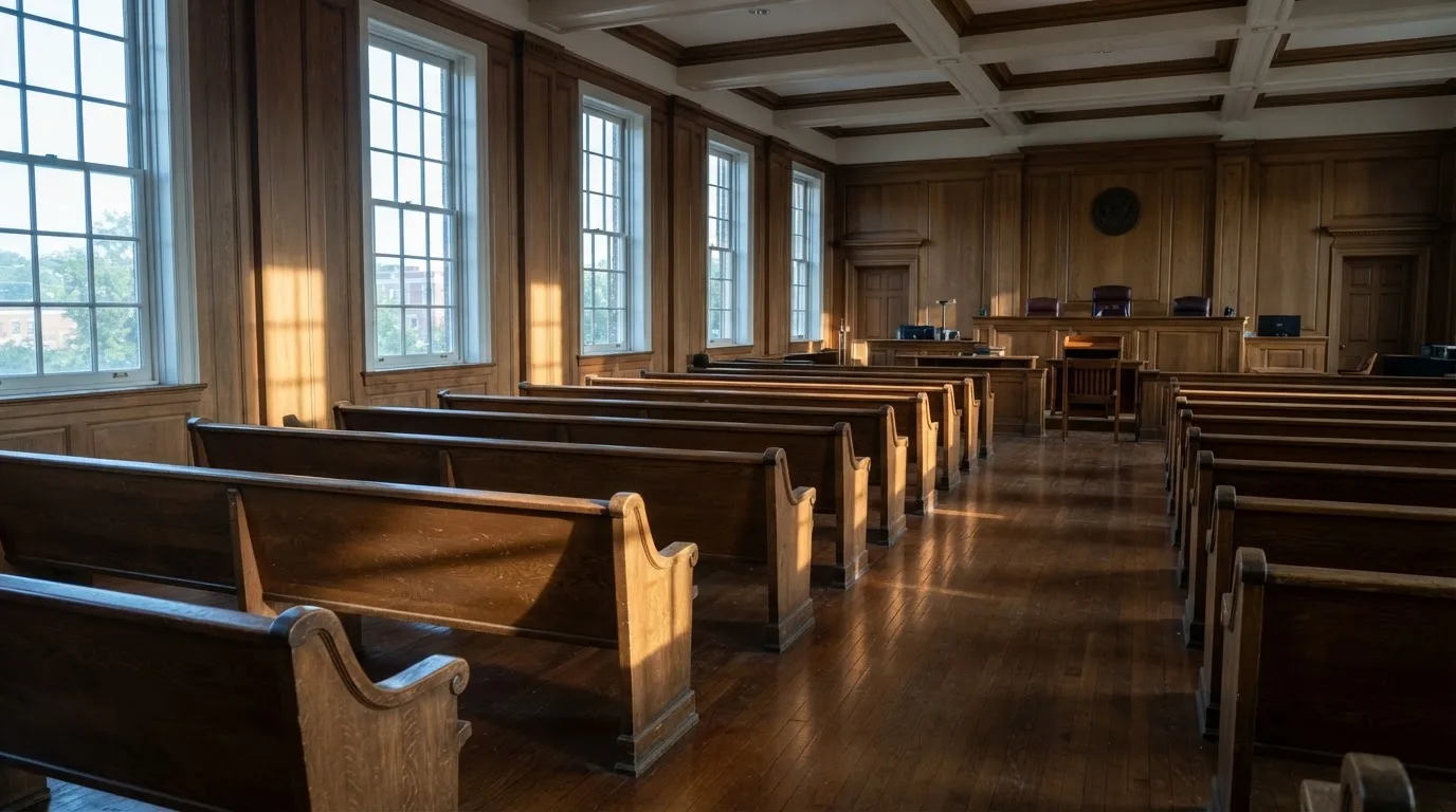 An empty courtroom with wooden benches in morning light
