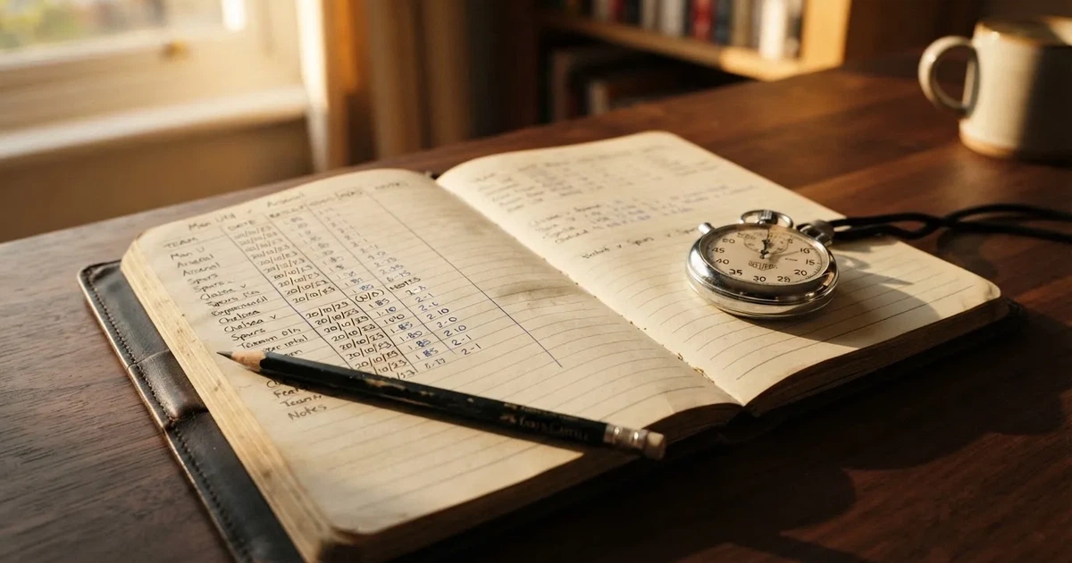 An open notebook with a pencil and a stopwatch on a wooden table