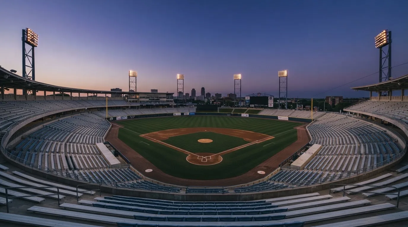 An empty football stadium with floodlight masts at dusk