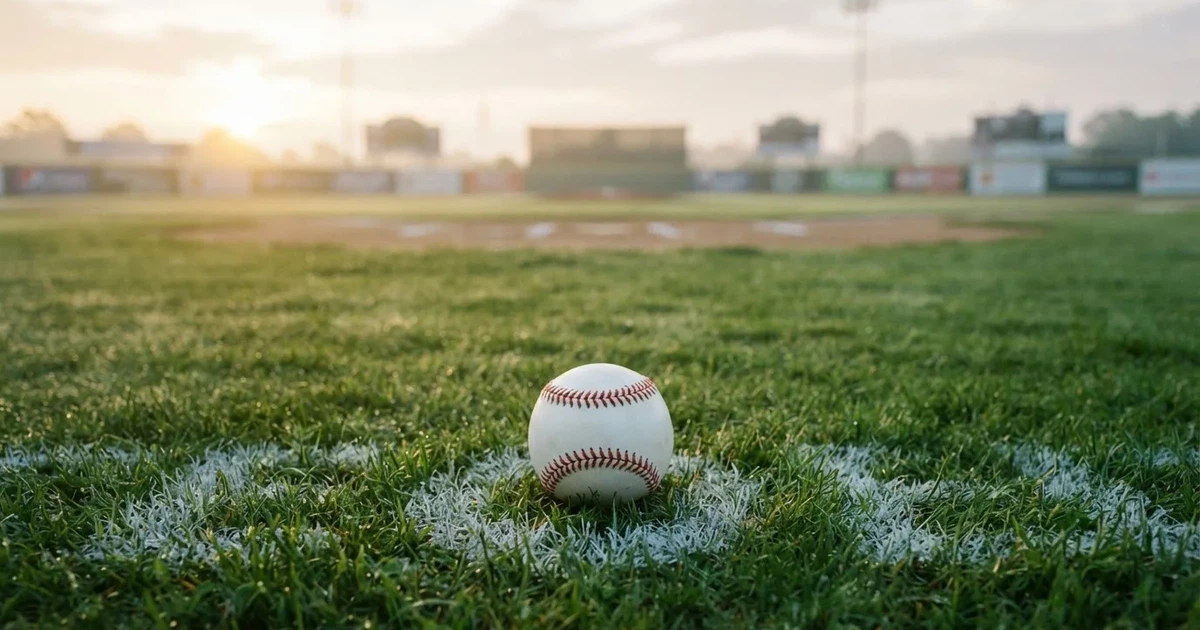 A ball on the centre spot of a grass pitch in morning light