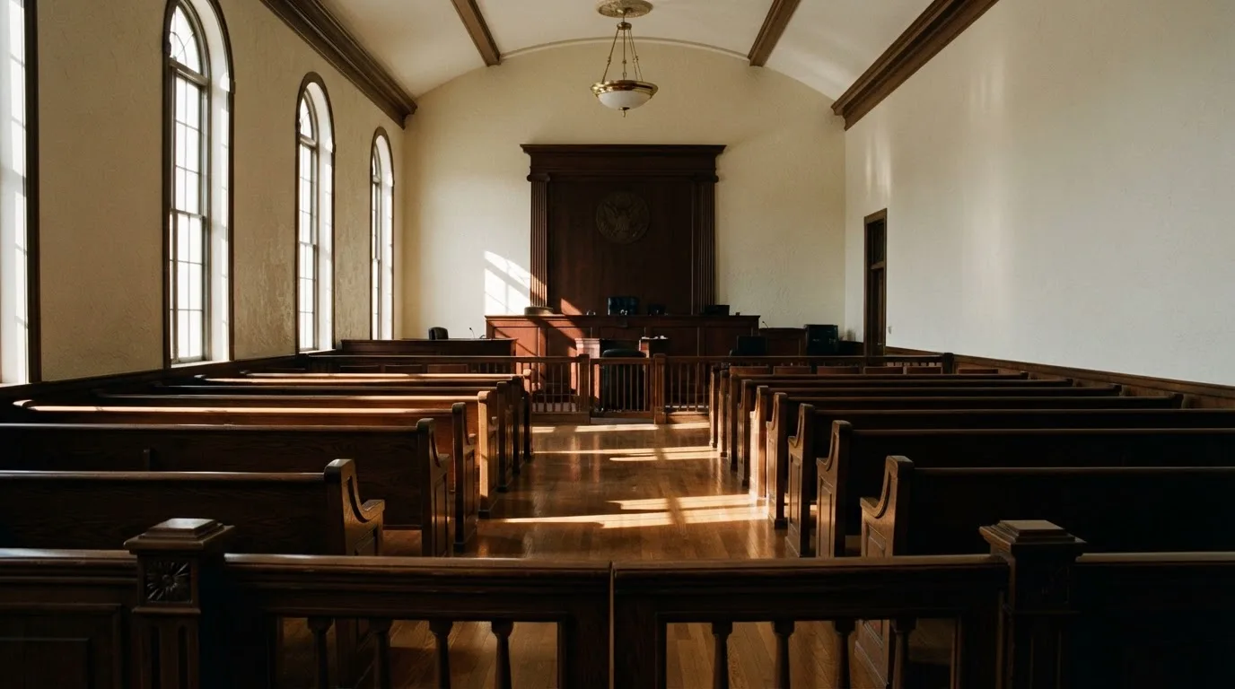 An empty courtroom with wooden benches in morning light