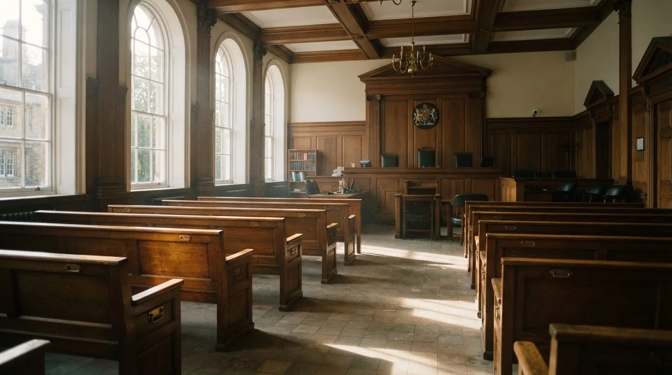 An empty courtroom with wooden benches in morning light