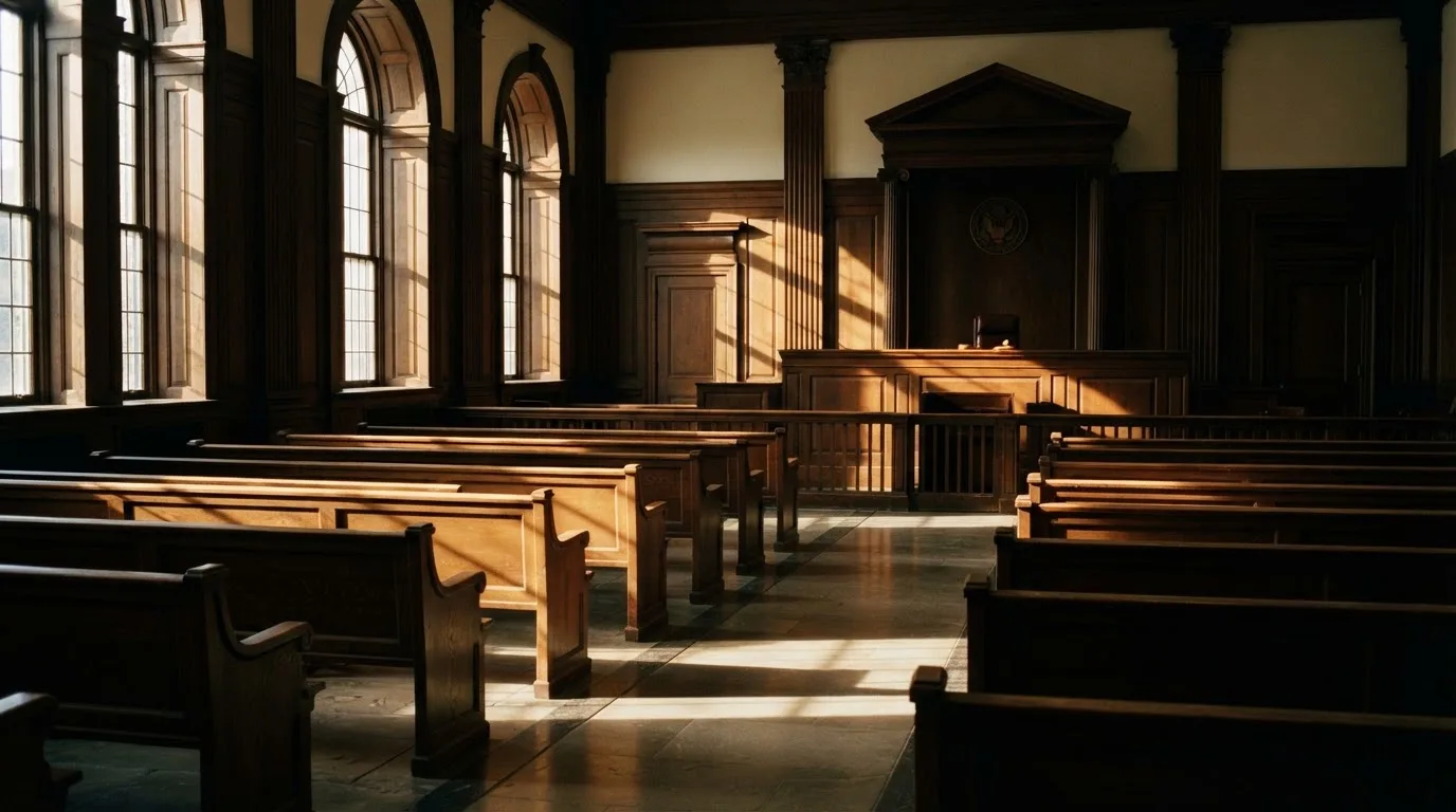 An empty courtroom with wooden benches in morning light