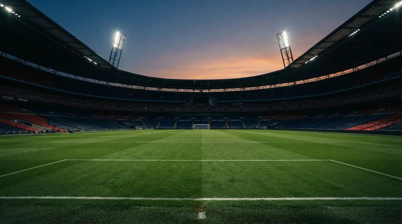 An empty football stadium with floodlight masts at dusk