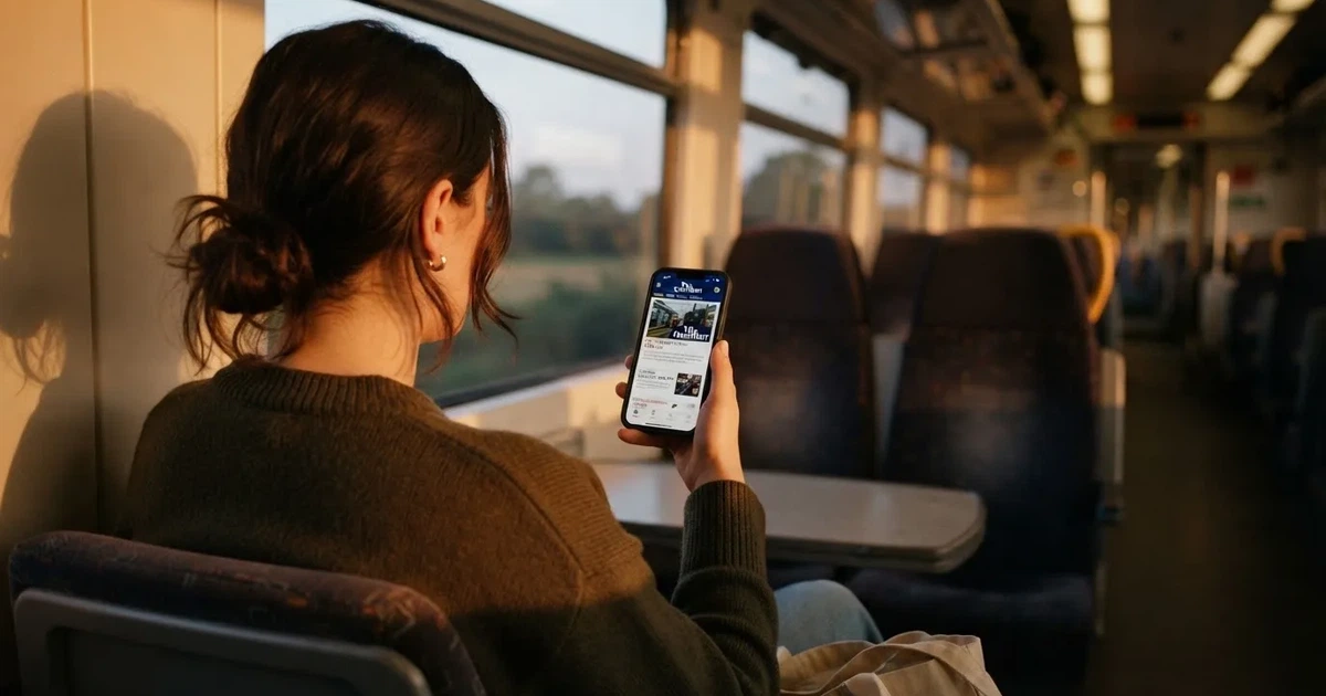 A hand holding a smartphone on a train in the evening, screen turned away