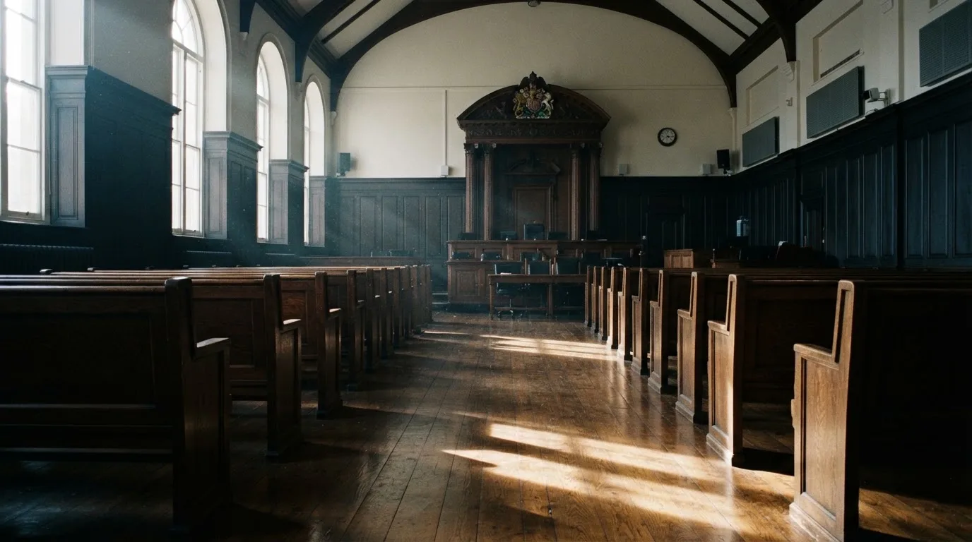 An empty courtroom with wooden benches in morning light