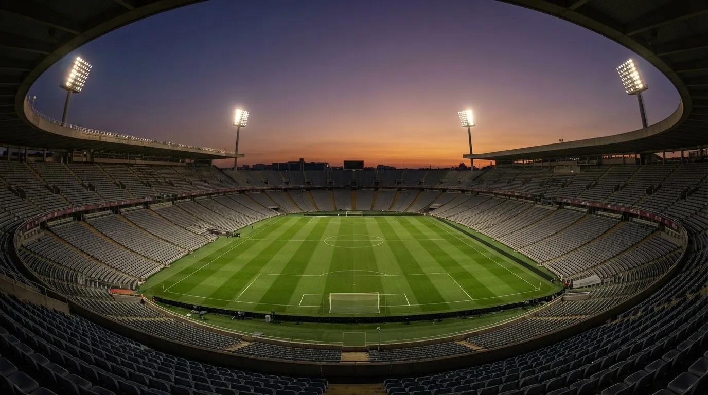 An empty football stadium with floodlight masts at dusk