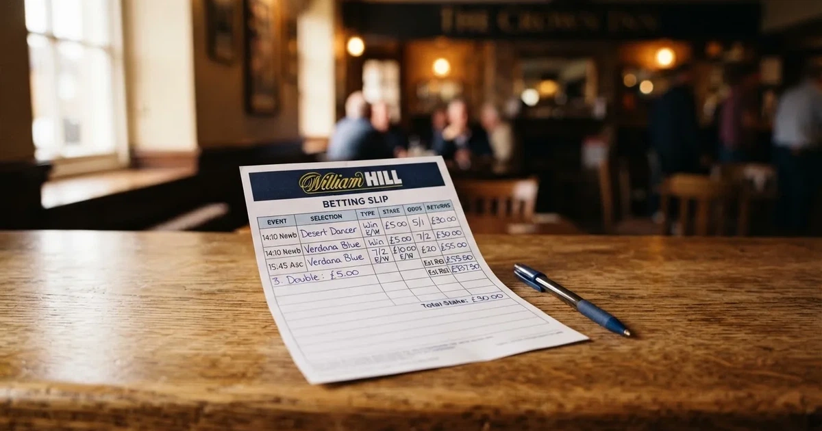A blank paper betting slip beside a pen on a wooden counter
