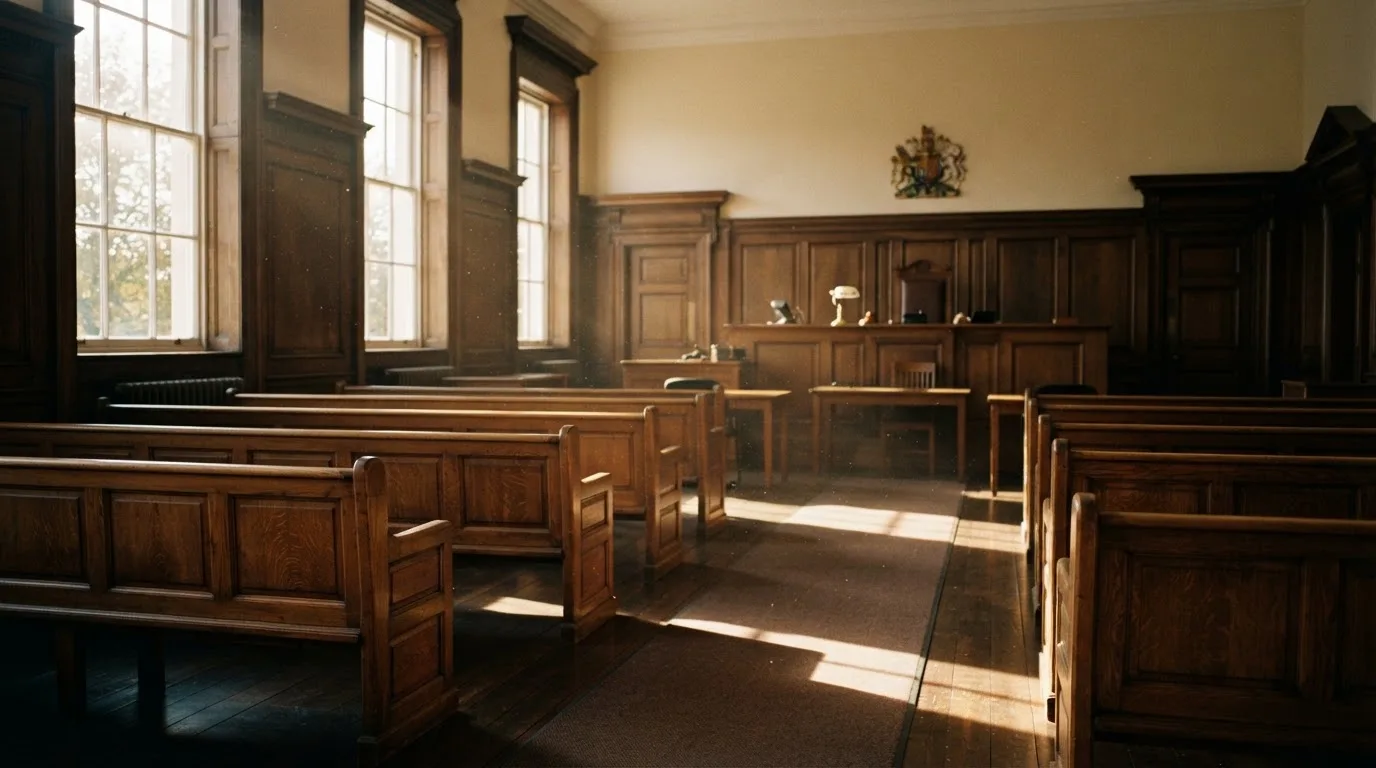 An empty courtroom with wooden benches in morning light