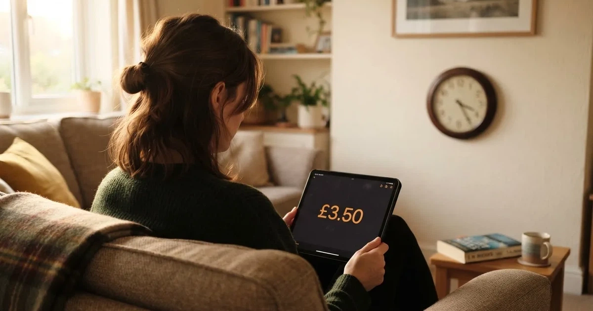 A person on a sofa looking thoughtfully at a tablet, a wall clock in the background