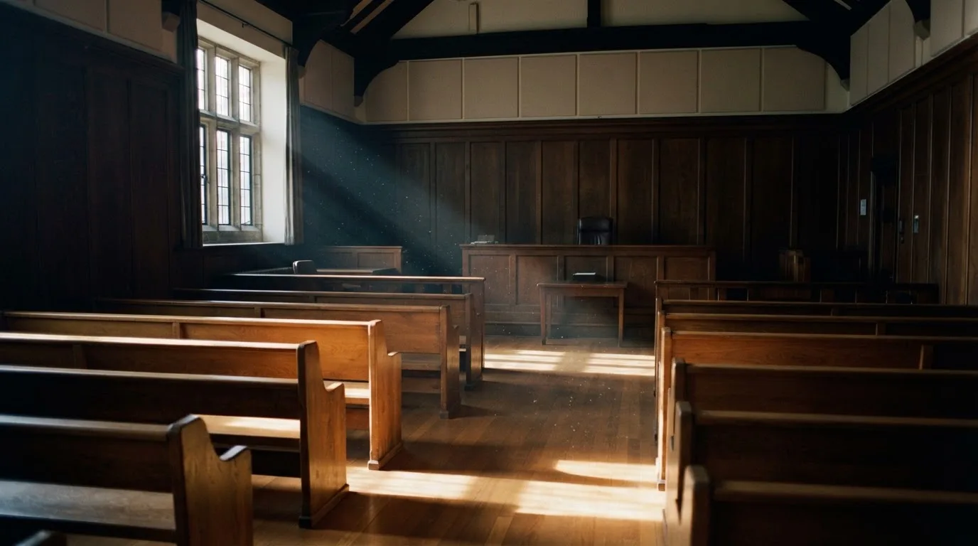 An empty courtroom with wooden benches in morning light