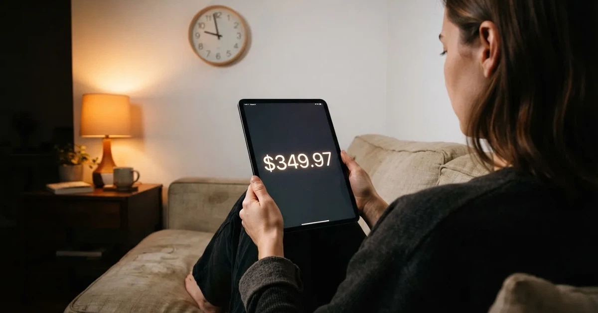 A person on a sofa looking thoughtfully at a tablet, a wall clock in the background