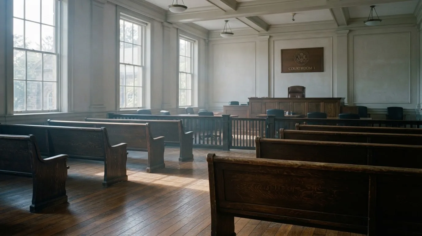 An empty courtroom with wooden benches in morning light
