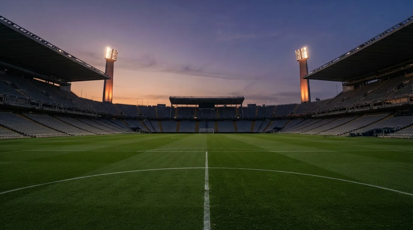 An empty football stadium with floodlight masts at dusk