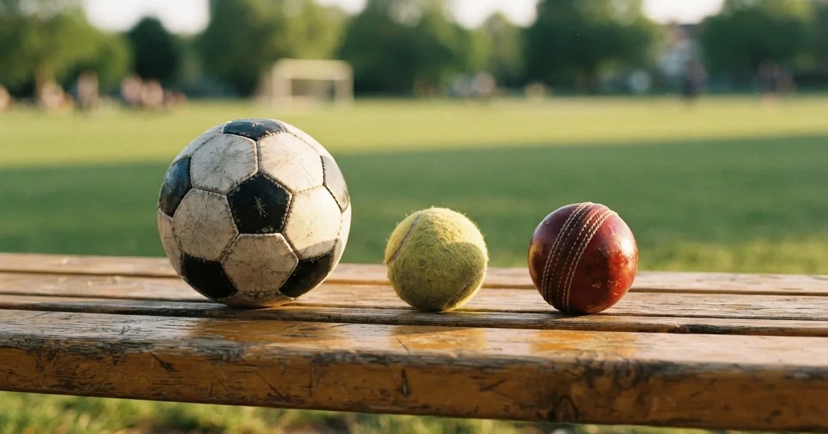 Three balls of different kinds side by side on a wooden bench