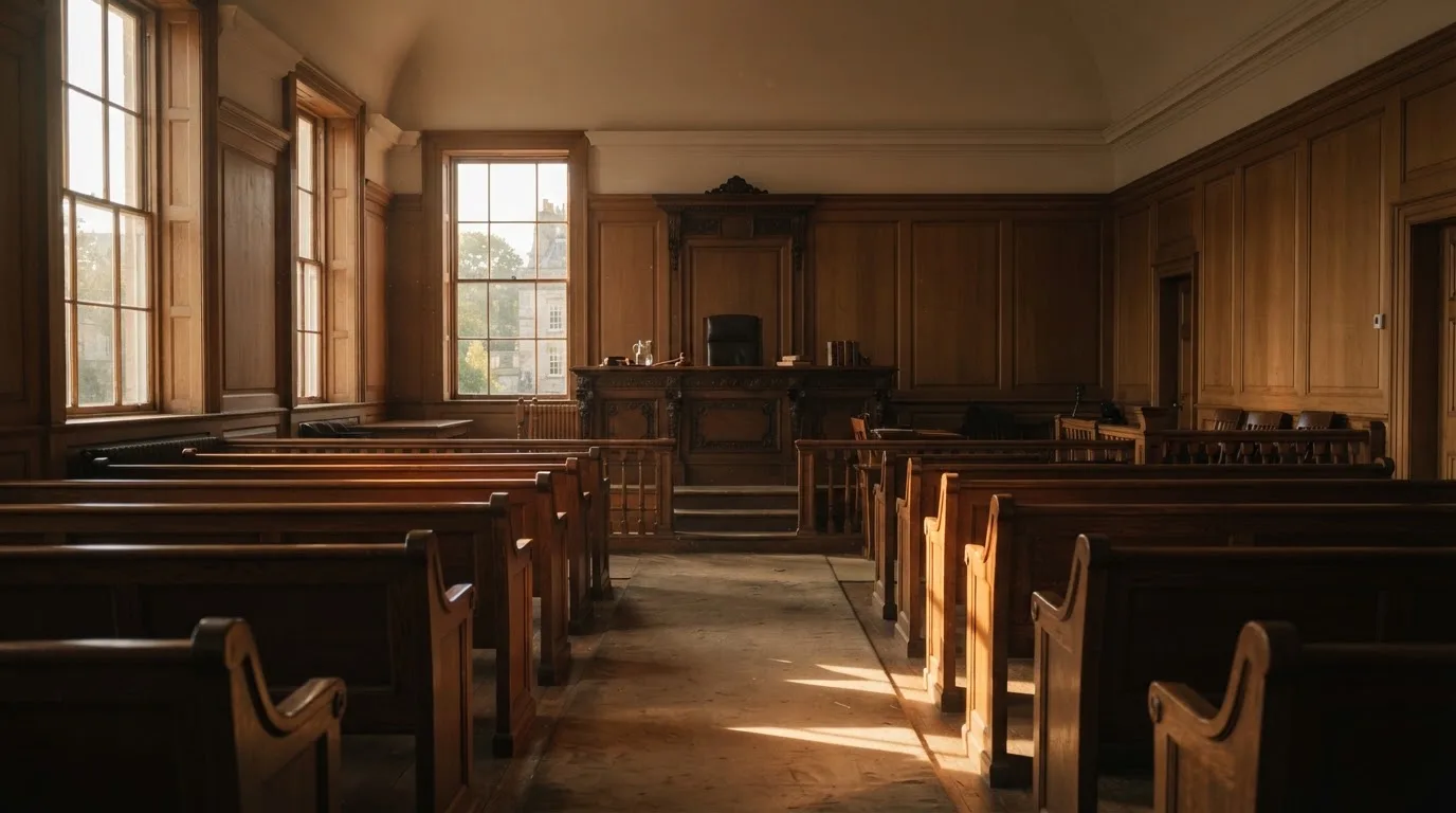 An empty courtroom with wooden benches in morning light