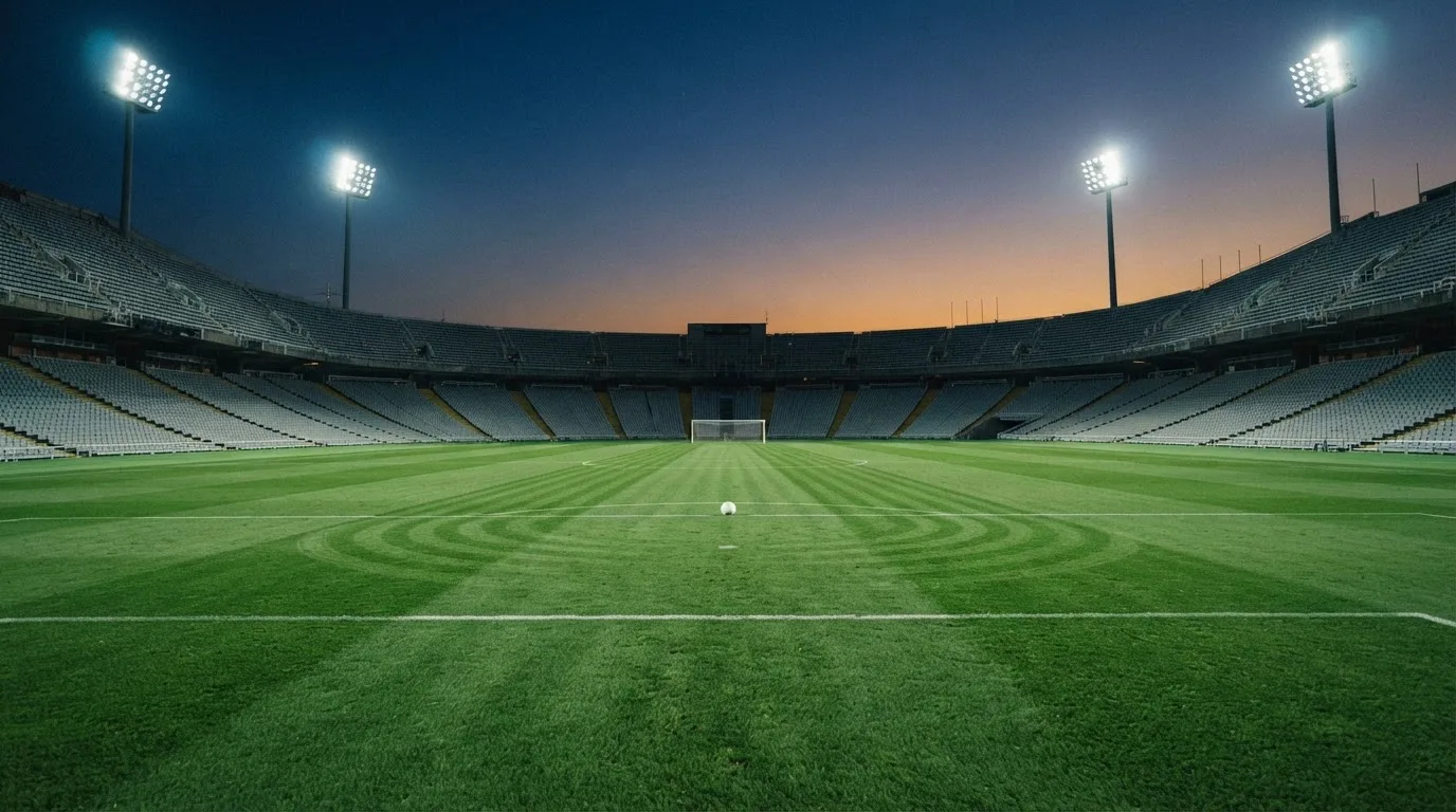 An empty football stadium with floodlight masts at dusk