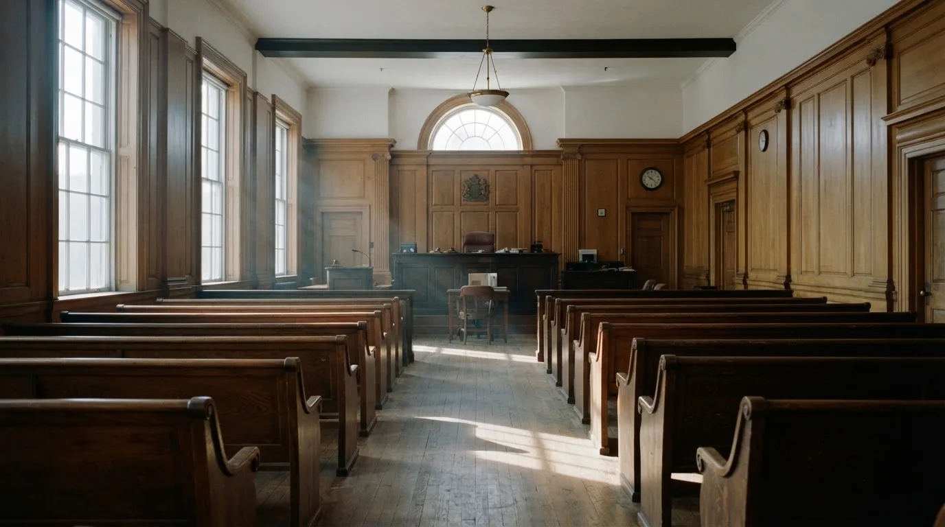 An empty courtroom with wooden benches in morning light
