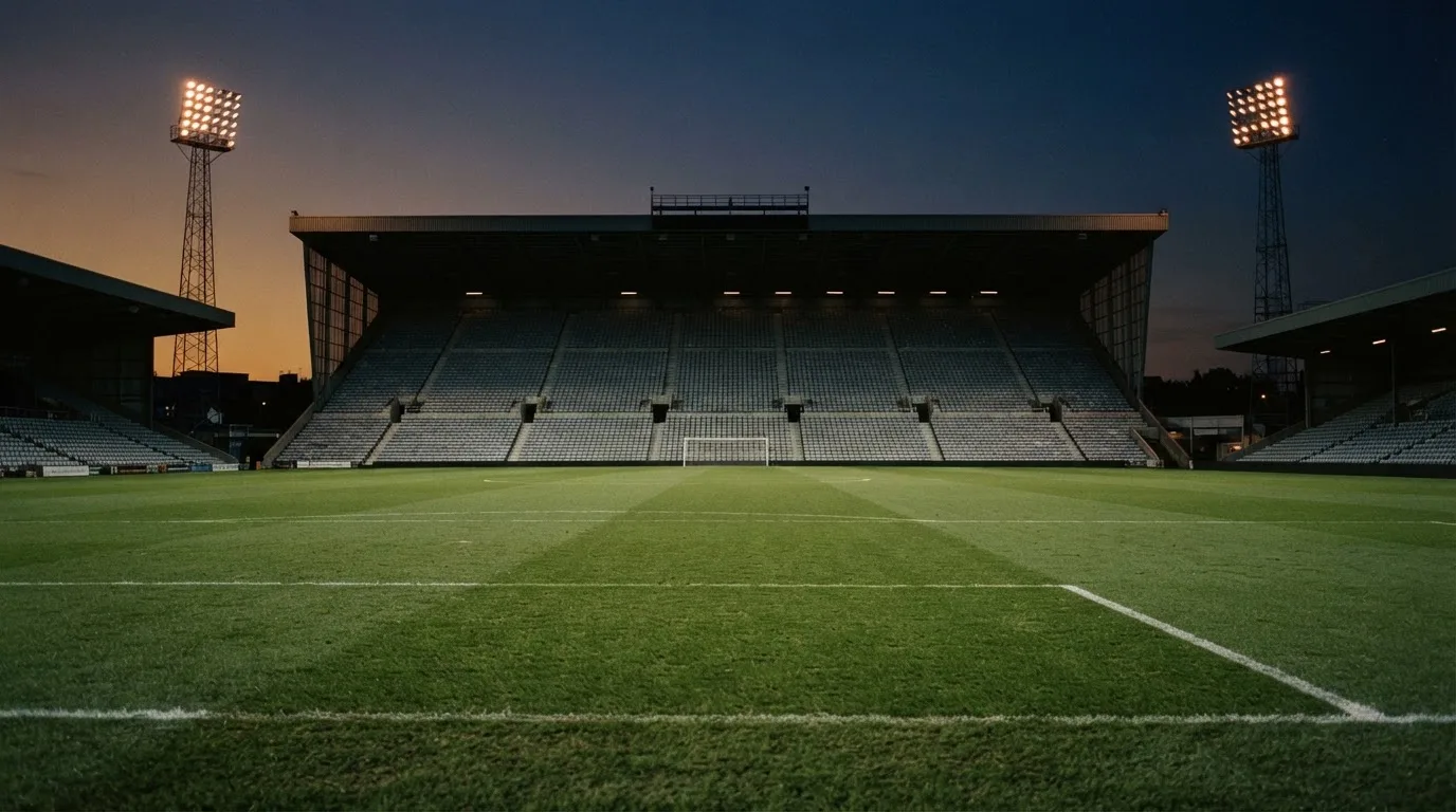 An empty football stadium with floodlight masts at dusk