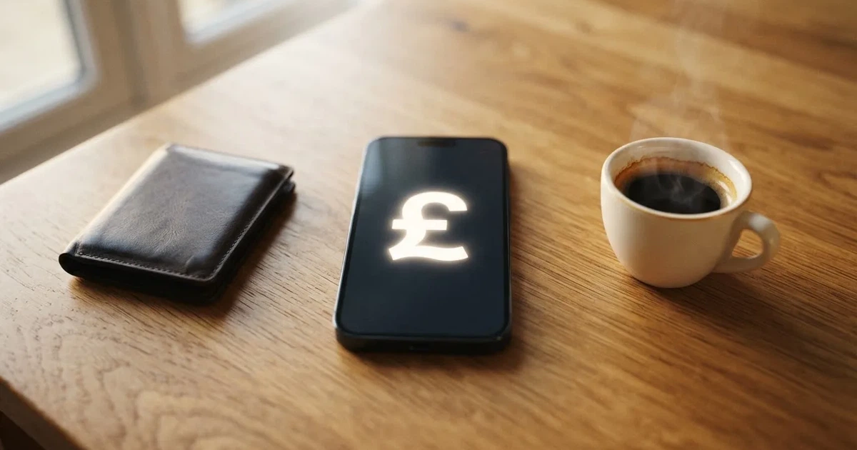 A smartphone on a wooden table beside a wallet and a coffee cup