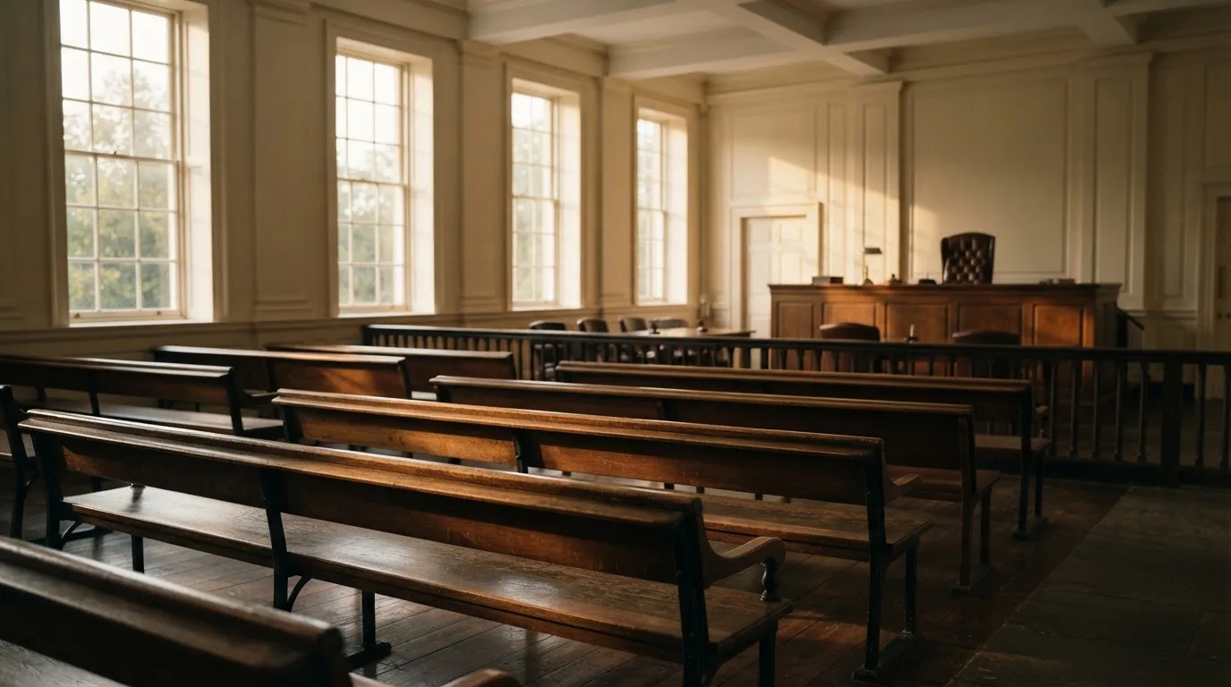 An empty courtroom with wooden benches in morning light