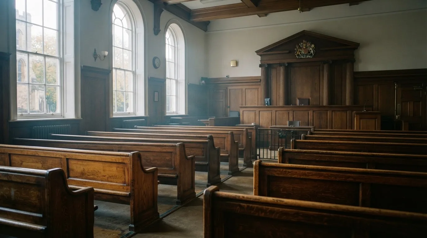 An empty courtroom with wooden benches in morning light