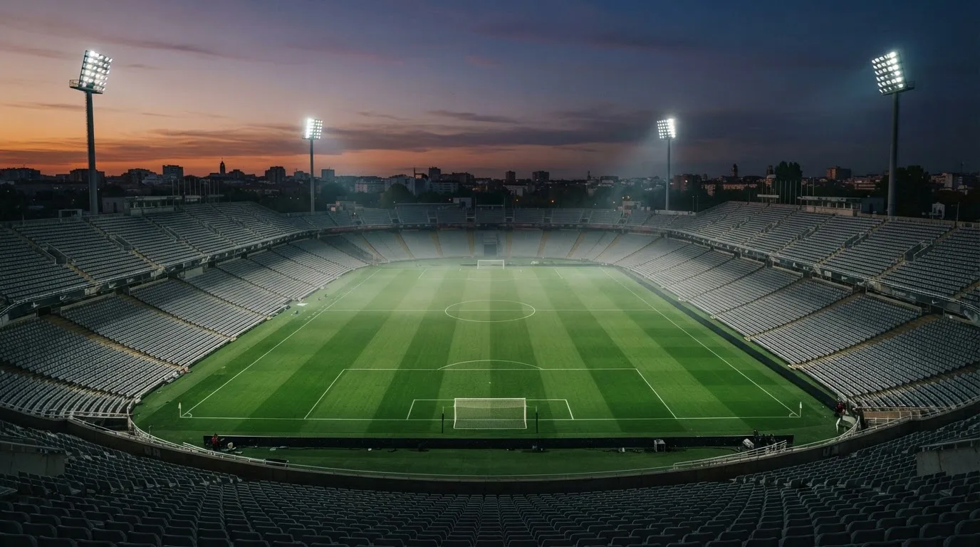 An empty football stadium with floodlight masts at dusk