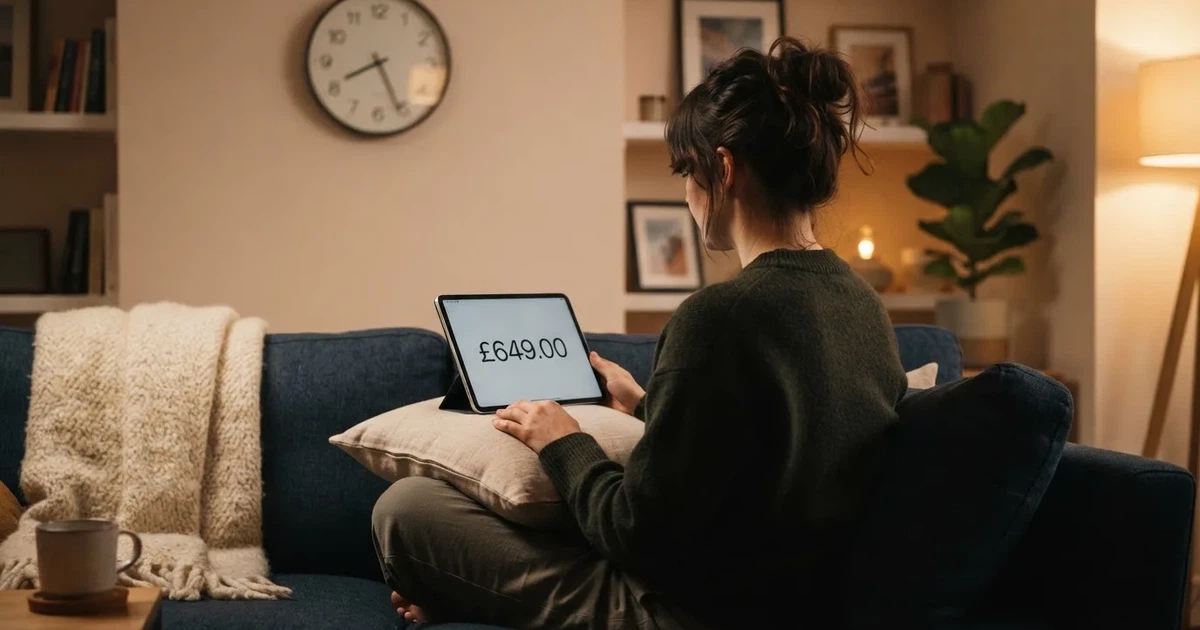 A person on a sofa looking thoughtfully at a tablet, a wall clock in the background