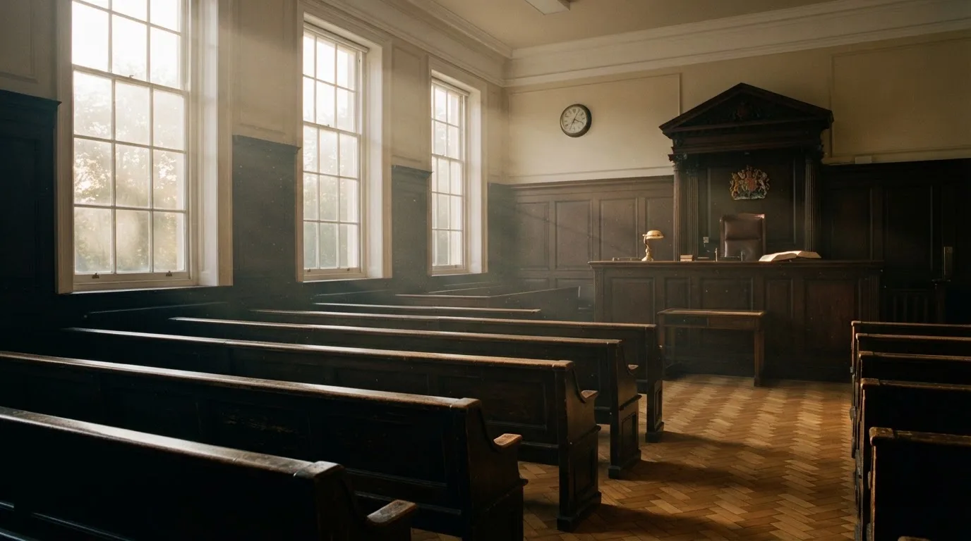 An empty courtroom with wooden benches in morning light