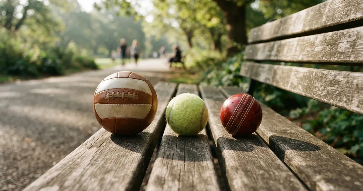 Three balls of different kinds side by side on a wooden bench