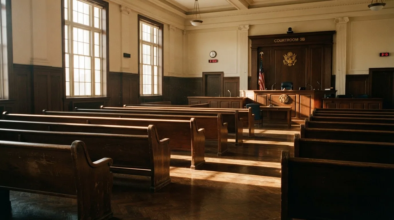 An empty courtroom with wooden benches in morning light