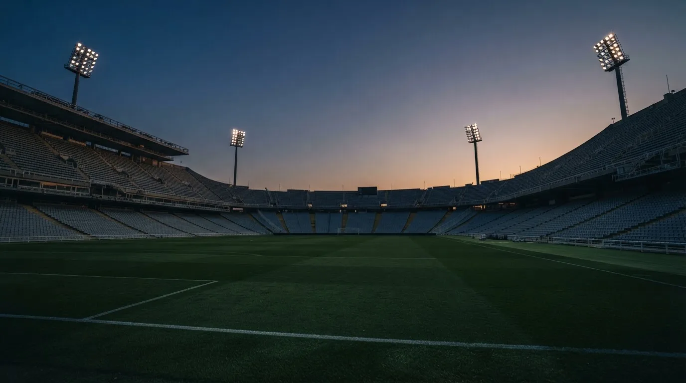 An empty football stadium with floodlight masts at dusk