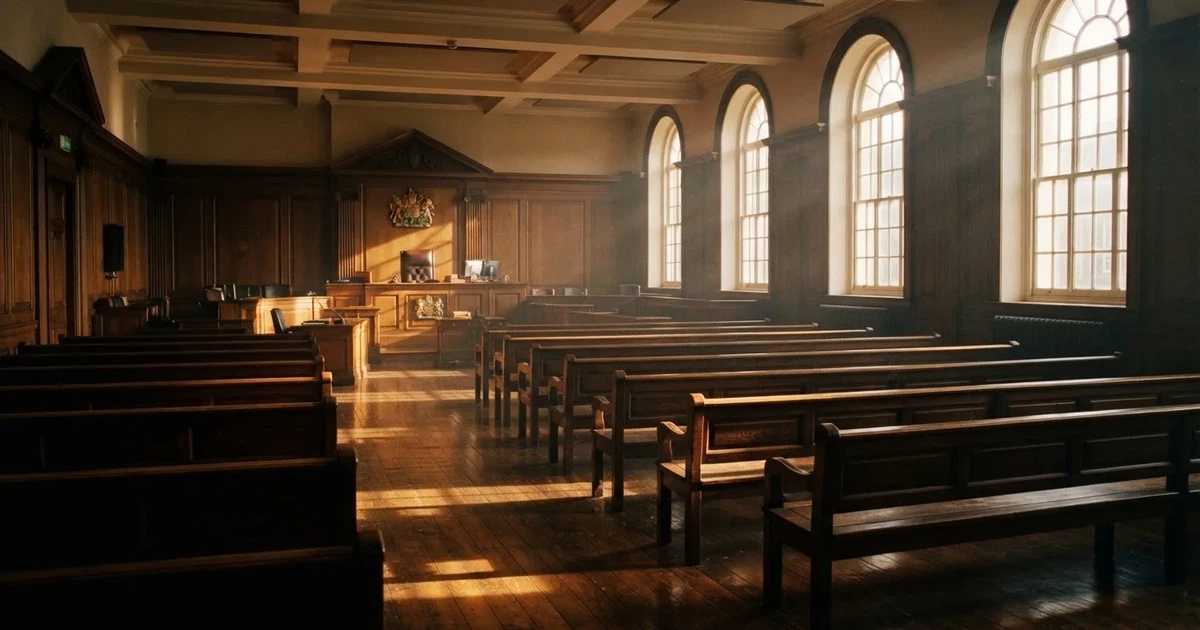 An empty courtroom with wooden benches in morning light