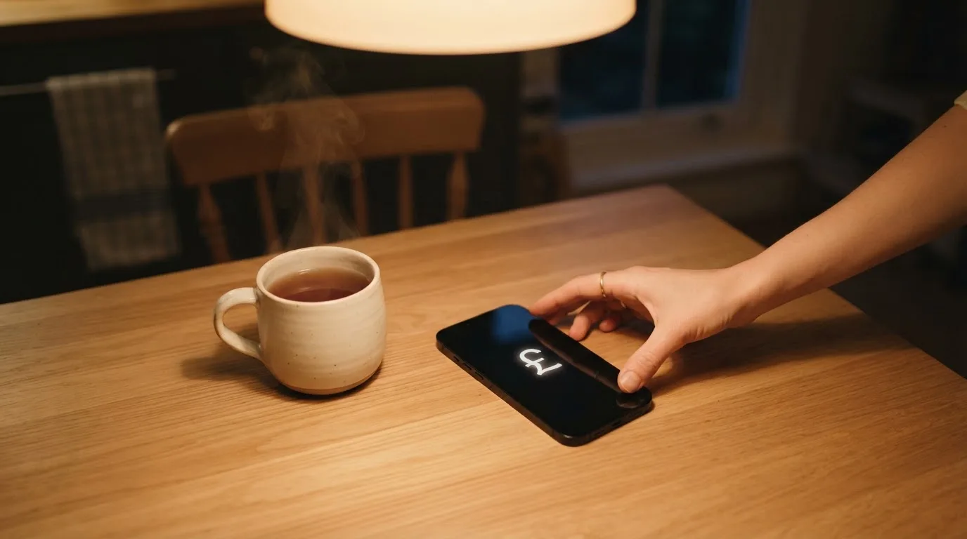 A hand setting a smartphone down beside a cup of tea on a kitchen table on a quiet evening