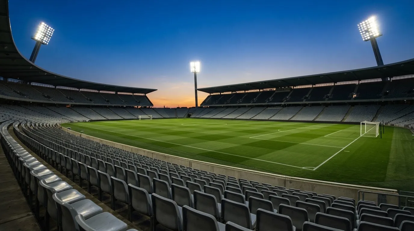 An empty football stadium with floodlight masts at dusk