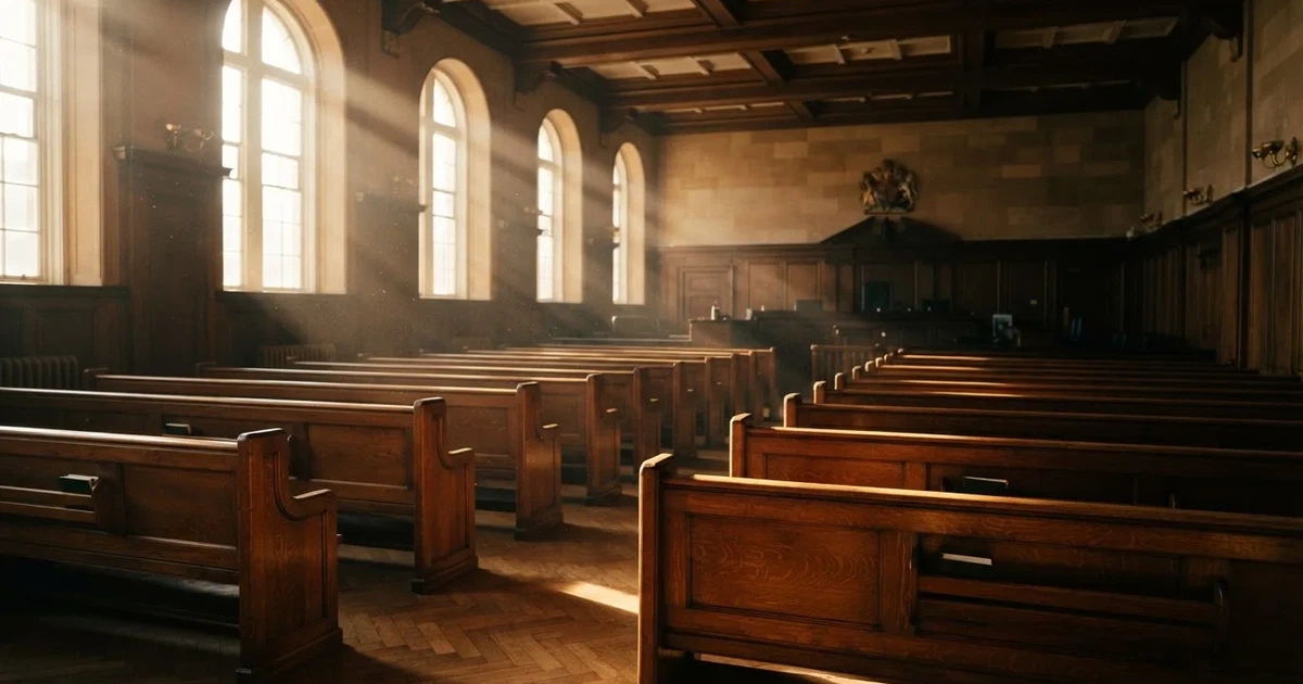An empty courtroom with wooden benches in morning light
