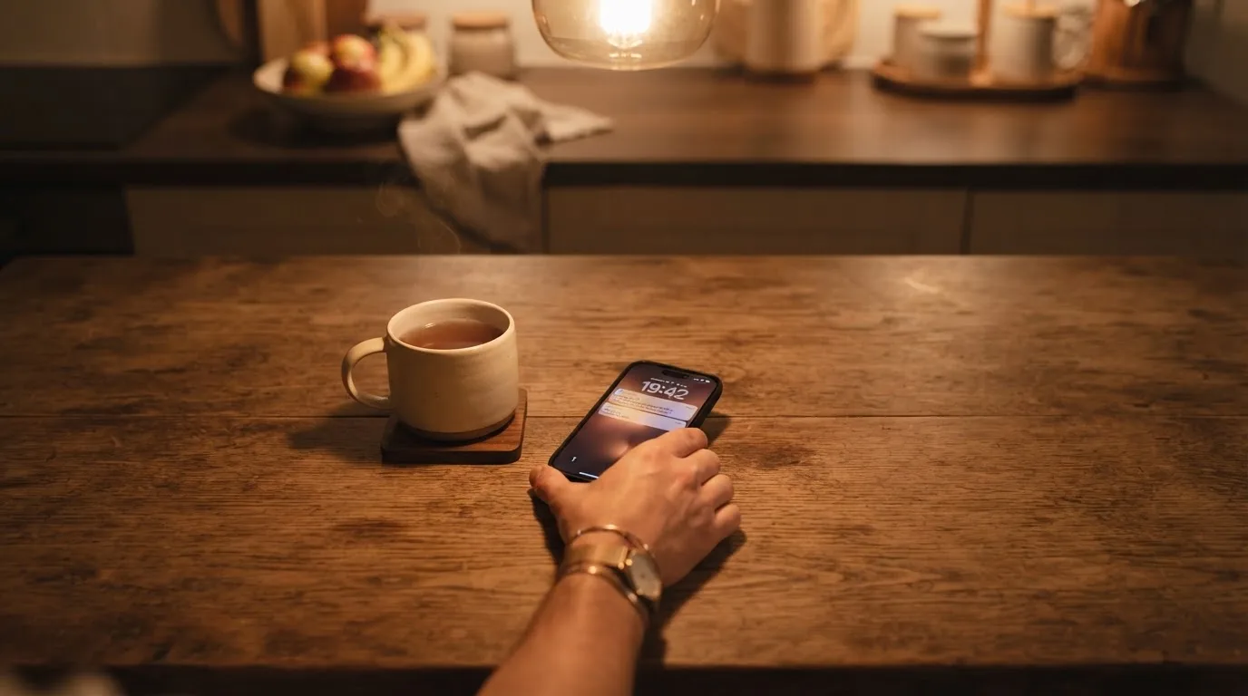 A hand setting a smartphone down beside a cup of tea on a kitchen table on a quiet evening