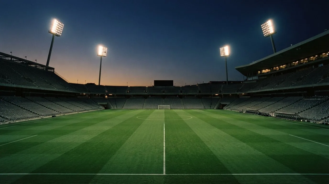 An empty football stadium with floodlight masts at dusk