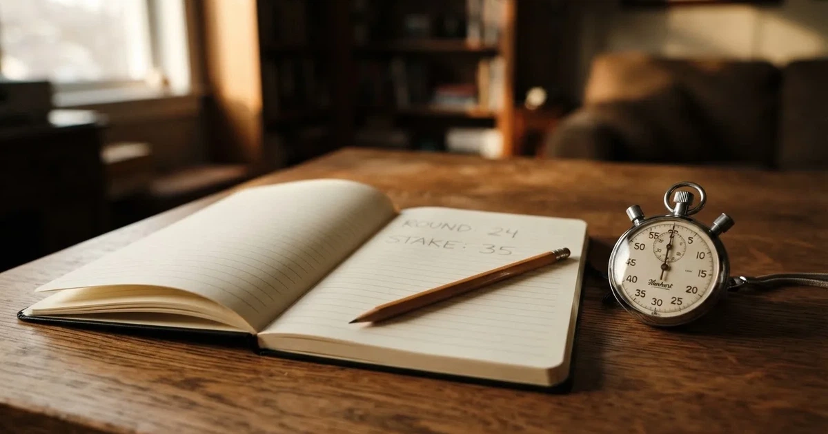 An open notebook with a pencil and a stopwatch on a wooden table