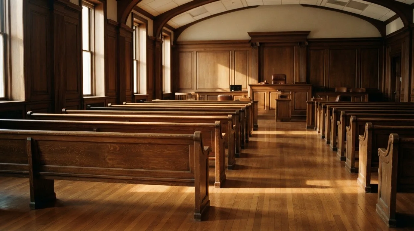 An empty courtroom with wooden benches in morning light