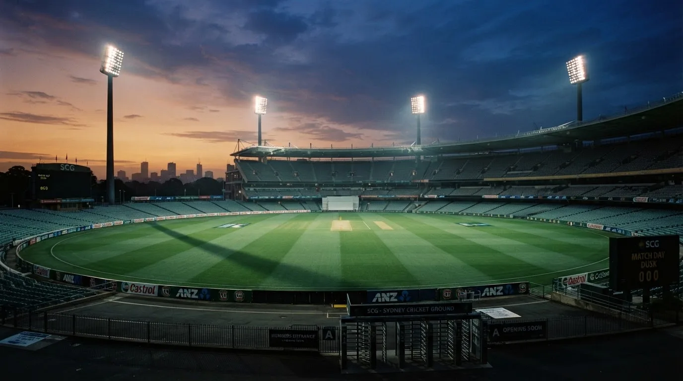An empty football stadium with floodlight masts at dusk